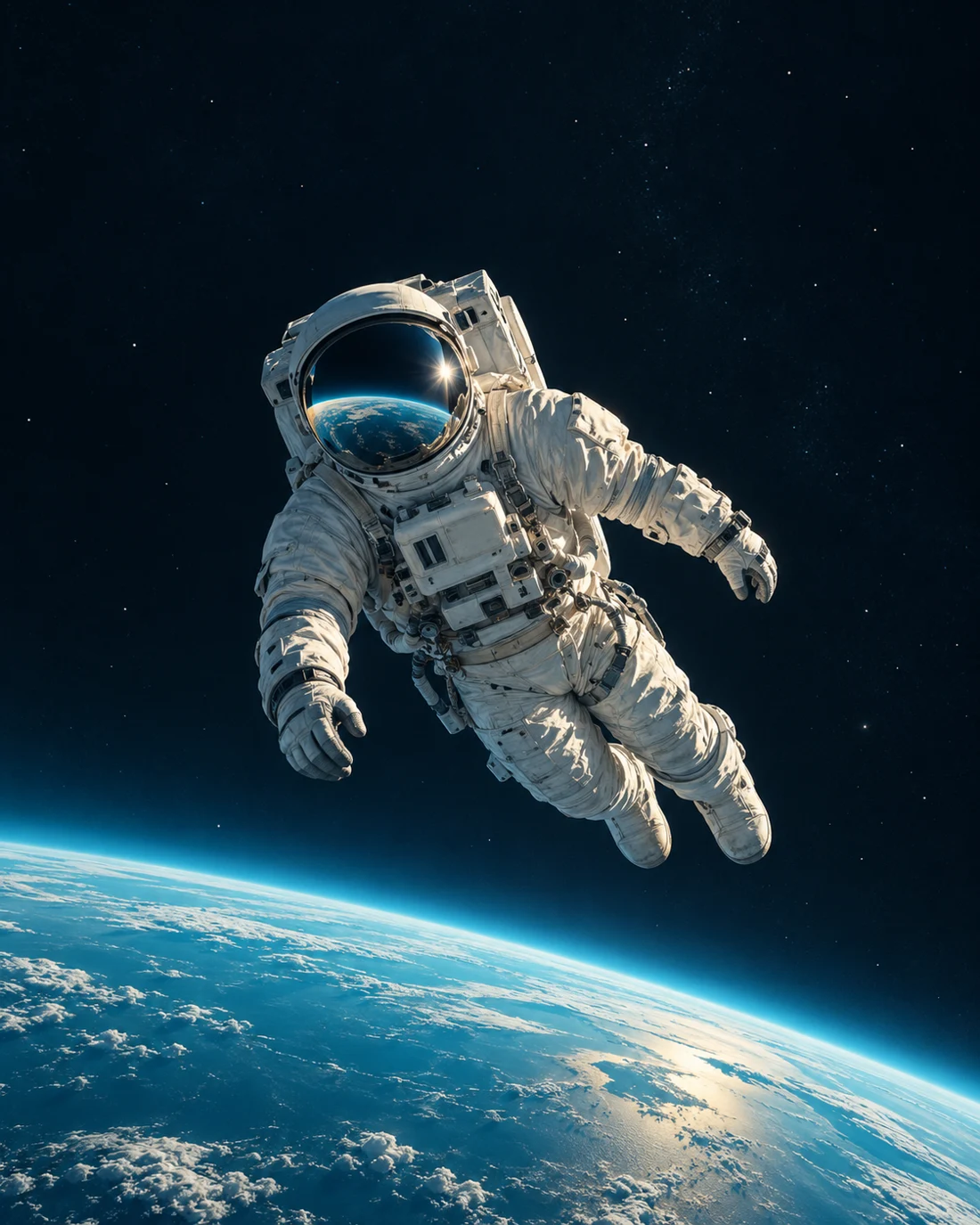 An astronaut exploring above Earth, with a bright blue horizon reflected in the visor